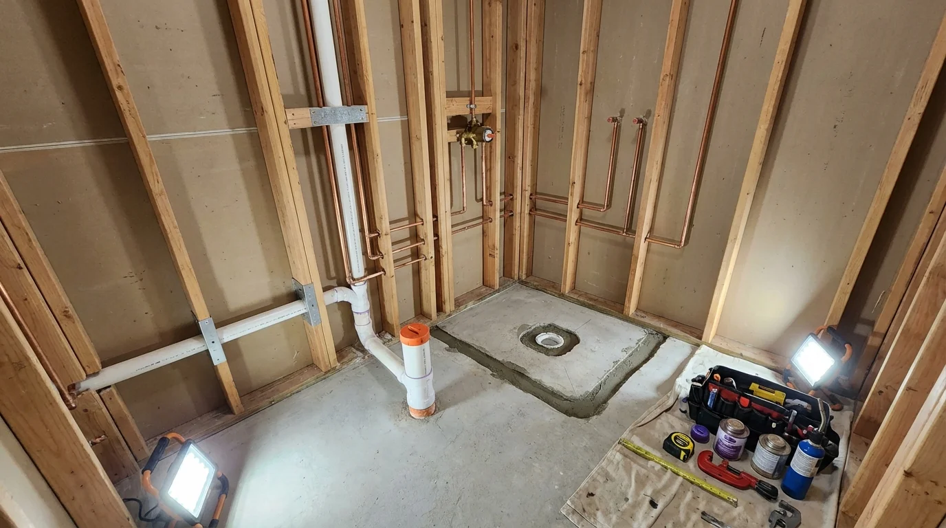 Bathroom rough-in plumbing during remodel by Johns Plumbing LLC in Grand Meadow