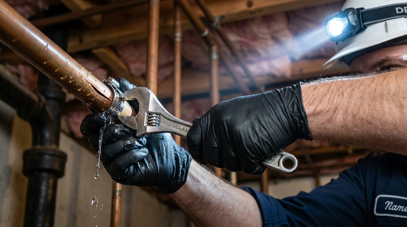 Emergency pipe clamp repair being performed by a Johns Plumbing LLC plumber in Grand Meadow