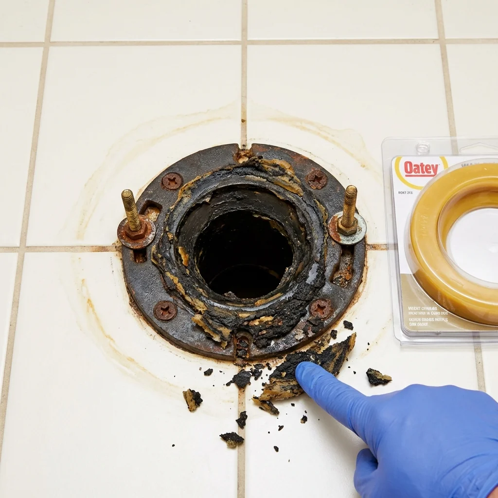 Failed wax ring showing water seepage at the base of a toilet in a Grand Meadow, MN home