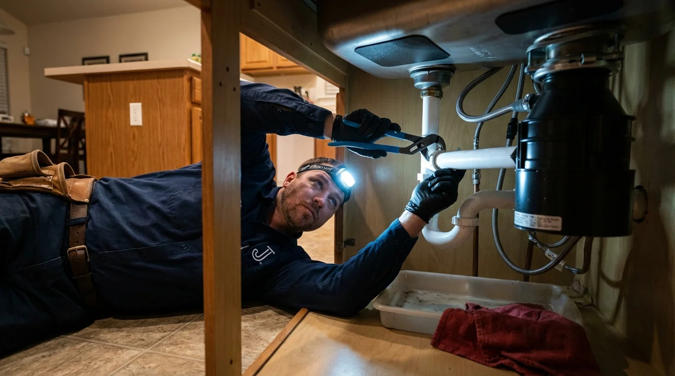 P-trap and supply line connections under a kitchen sink showing a common leak point in Grand Meadow, MN
